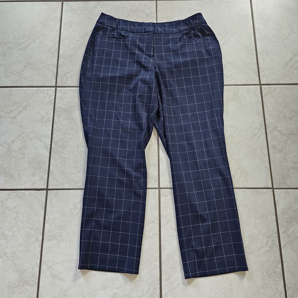 Lane Bryant Women's Ashley Tailored Stretch Straight Leg Navy Blue Grid Pants